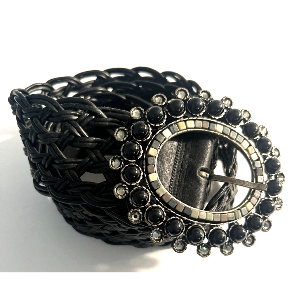 Leather Weave Belt Abalone Shell Inlay Black Onyx Cabachons Rhinestones Wide